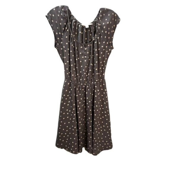 Brown Polka Dot Cap Sleeve A-Line Dress With‎ Back Keyhole & Button Front Detail - Picture 3 of 9
